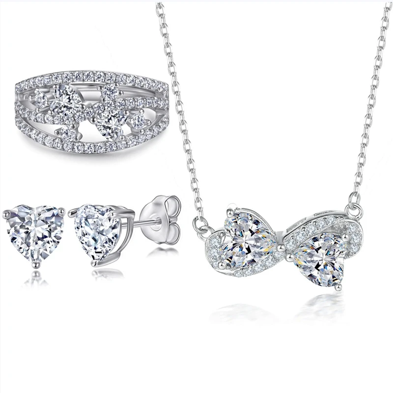 Wide-faced sterling silver ring, heart-shaped zircon earrings, and heart-shaped necklace, all in 925 silver jewelry set, three-p