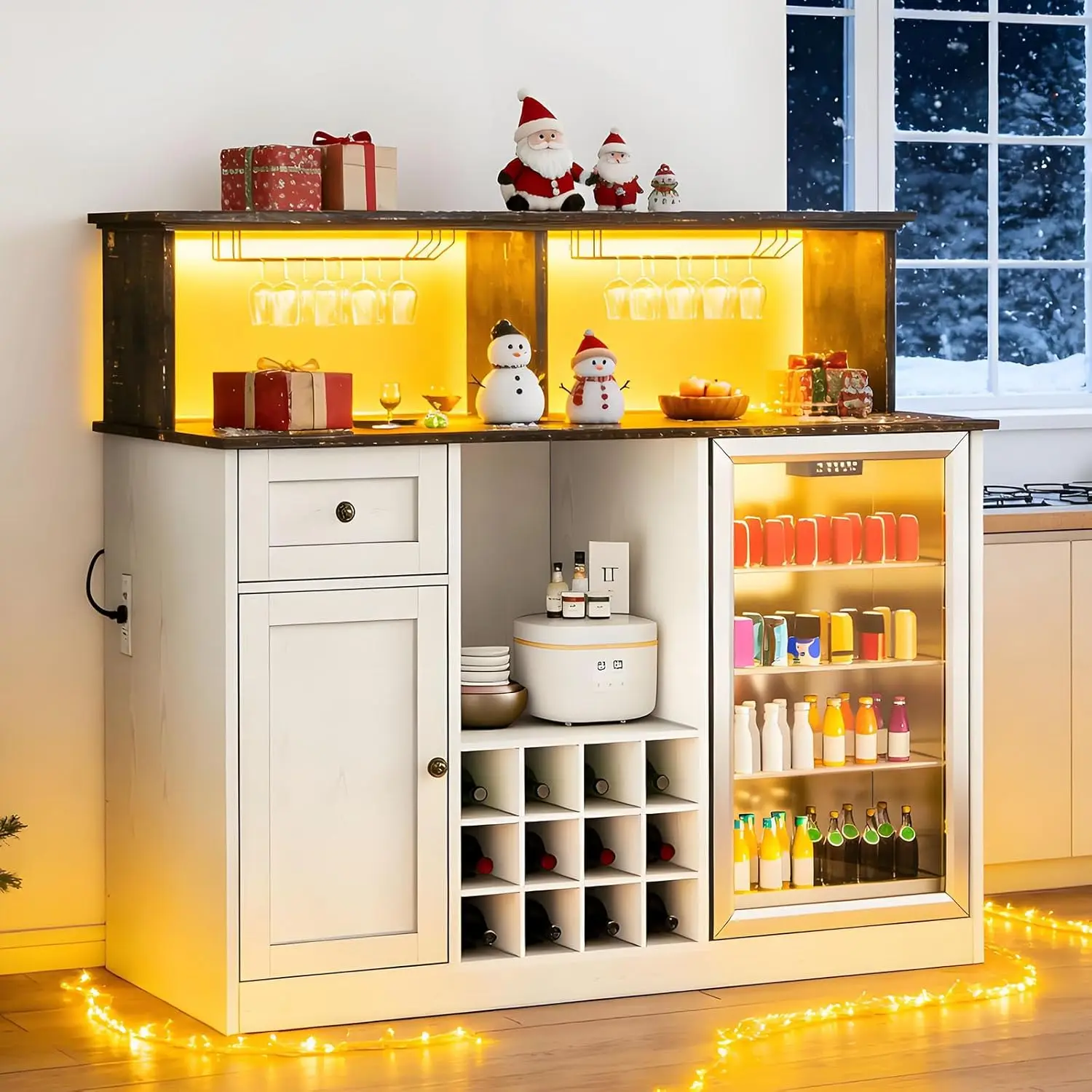 

55" Wine Bar Cabinet with Mini Fridge Space Farmhouse Coffee Bar Design LED Lights & Power Outlet Included Customizable Storage