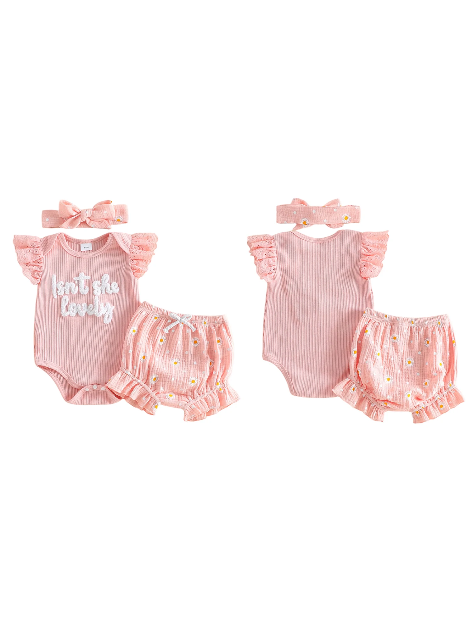 

3Pcs Baby Girl Clothes Set Short Sleeve Romper Elastic Waist Shorts Headband Outfit Flying Sleeve Letters Embroidery Bloomer