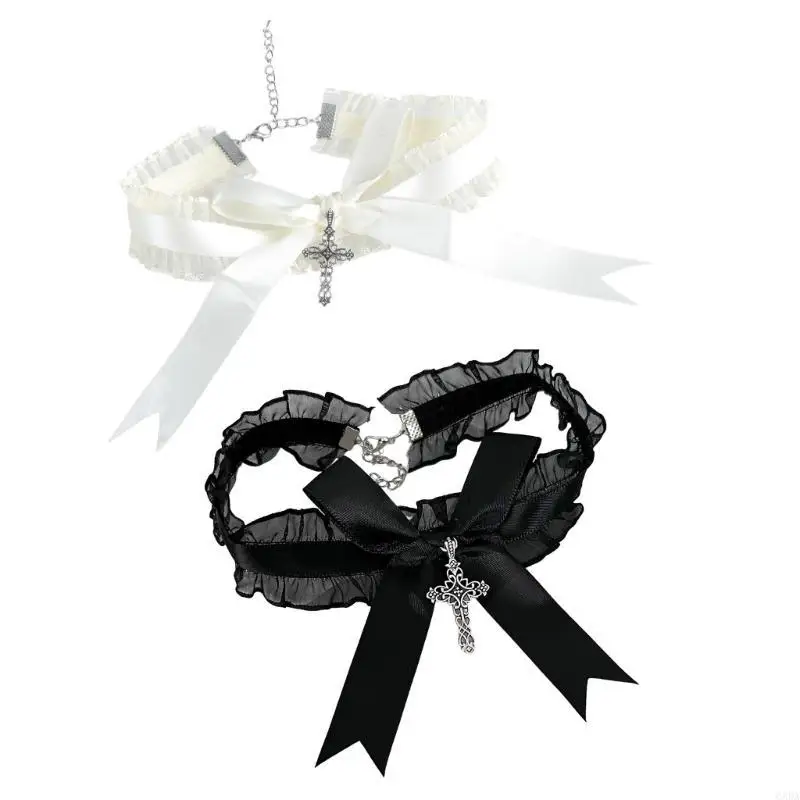 Ruffle Lace Bowknot Choker Necklace Crosses Pendant Gothic Costume Jewelry Gift 6XDA
