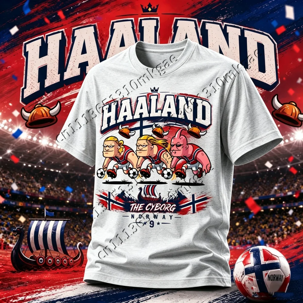 2026 Hot Haaland The Cyborg Norway Graphic Tee Viking Ship Mountain Kids Short Sleeve Street Fashion Men's Shirt Women T Shirt