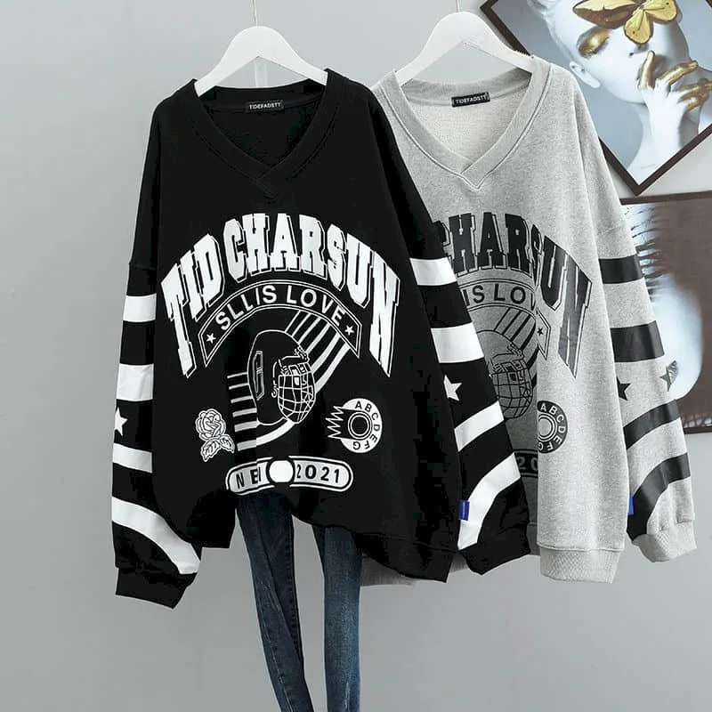 

Pop Hoodies Women Harajuku Print Oversized O-neck T-shirts Aesthetic Casual Korean Style Long Sleeve Clothes For Women Trend Top