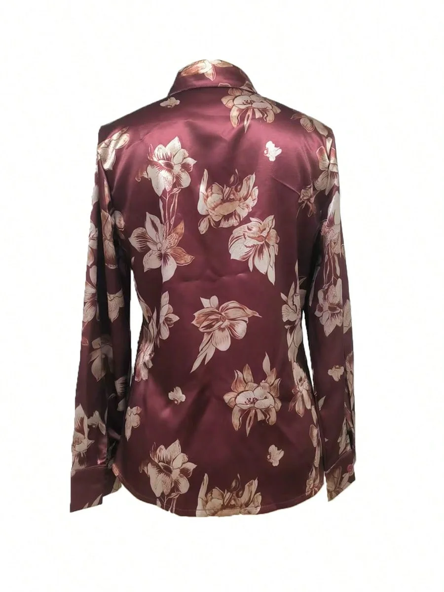 Single-Piece All-Over Floral Print Satin Button-Down Long-Sleeve Shirt for Vacation, Festival, Office, Daily Wear, Birthday Party, Homecoming Party, Spring, and Autumn