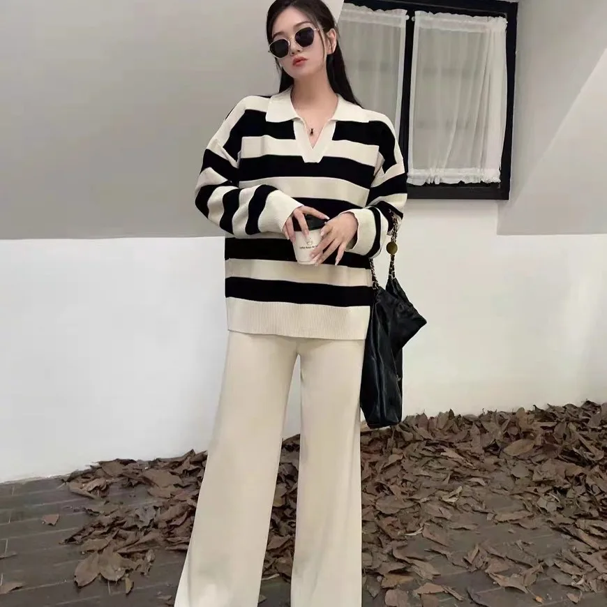 Retro Lazy Style Two Piece Sets Womens Outifits Autumn/Winter Stripes Lapel Knitted Pullover Women Sweater and Wide Leg Pants