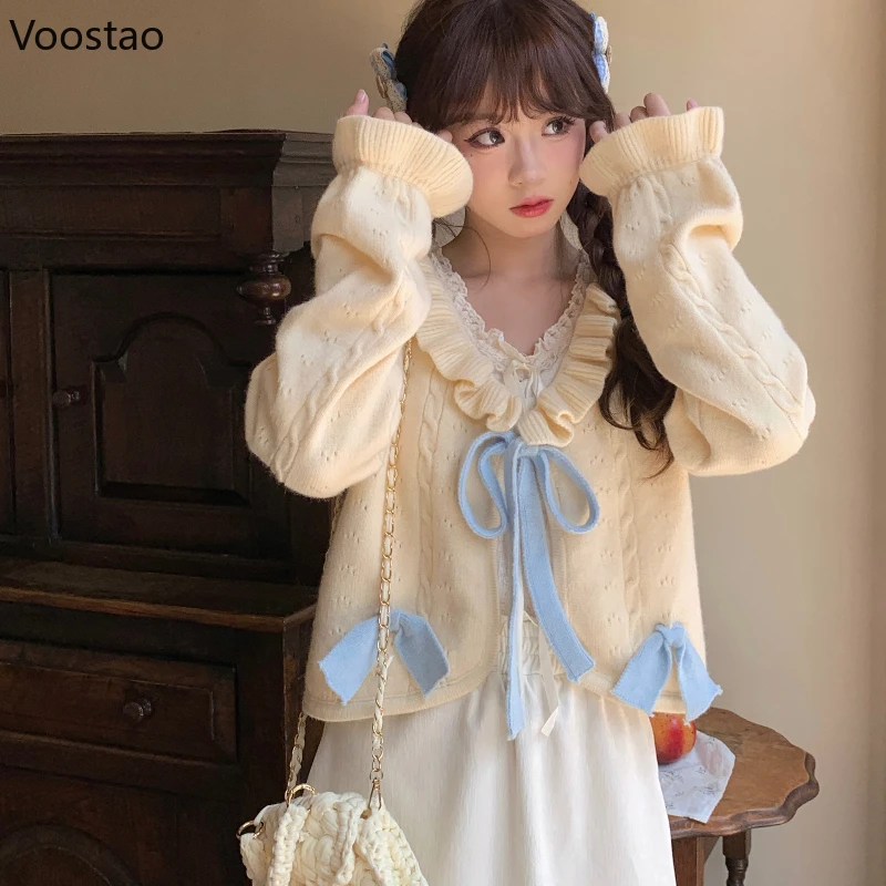 Japanese Sweet Lolita Knitted Cardigan Autumn Winter Women Kawaii Ruffles Collar Bow Sweater Crop Coat Girls Cute Knitwear Tops