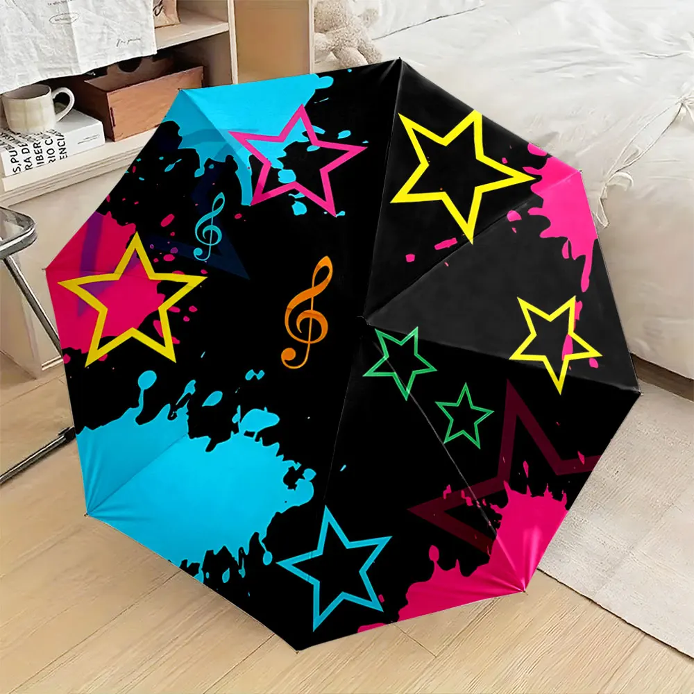 1PC Colorful Stars and Music Notes on a Stylish Umbrella Print 8 Iron Ribs Folding Umbrella Auto-Open Fashion Sunshade