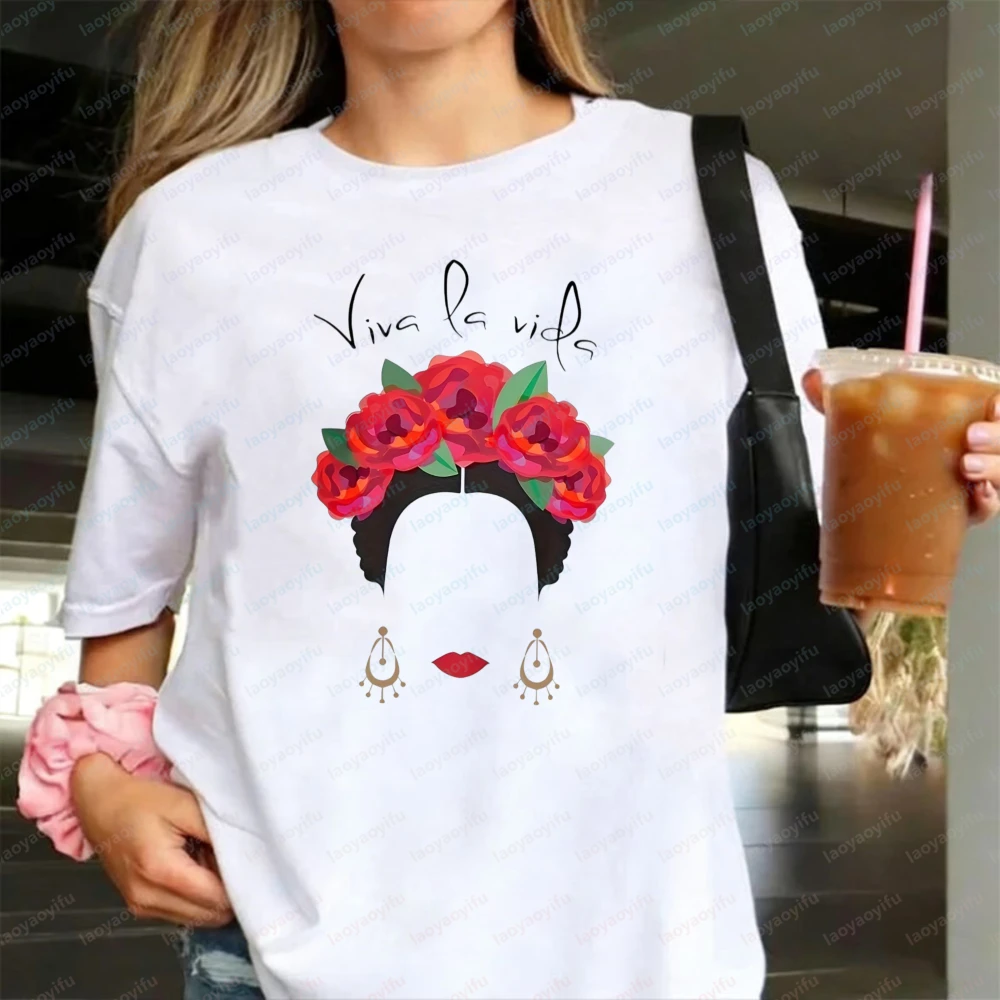 Camiseta Frida Kahlo Viva La Vida para Mujer, Diseño Gráfico Feminista Mexicano, Estilo Boho Casual, Algodón, Clásica, Retro, Ropa Mujer