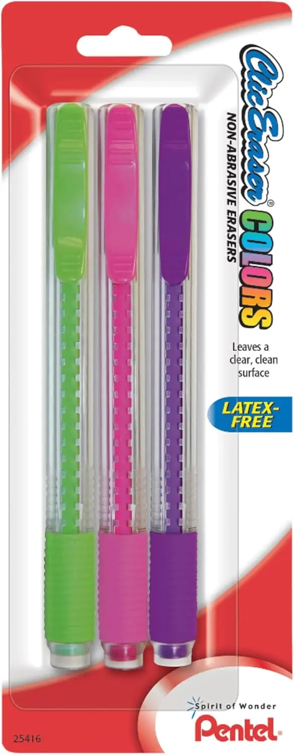 

3-Pack Assorted Color Erasers with Click Mechanism, Latex-Free Grip