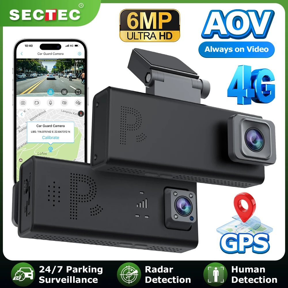 SECTEC 4G Dash Cam Front and Rear AOV 24/7 6MP Recording Dual Lens Vehicle Car Camera Night Vision DashCam 24H Parking Mode GPS