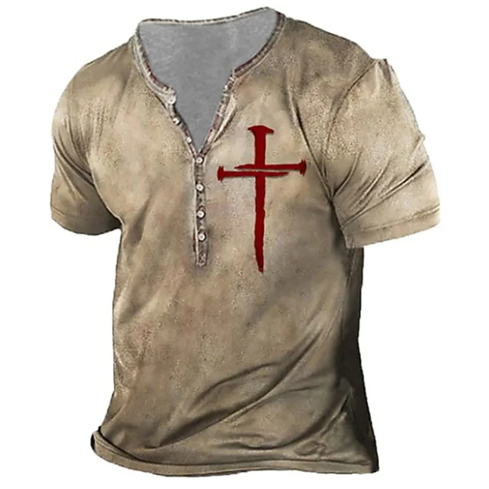 Vintage T-Shirt For Men 3D Knight Print Henley Shirt V-Neck Cotton Short Sleeve Oversized Tops Tee Shirt Men Clothing Streetwear