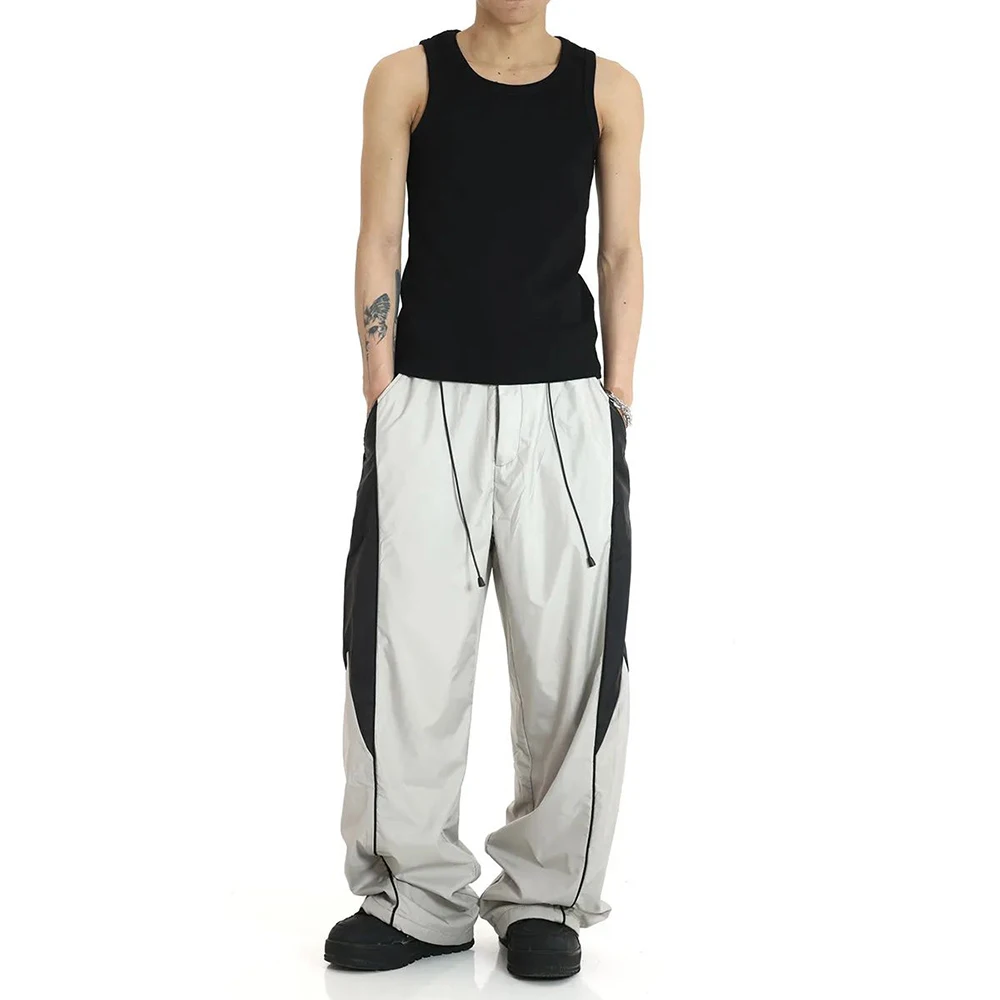 Mens Retro Wide-Leg American Contrasting Color Sweatpants Genderless Street Loose Drawstring Casual Floor-Length Pants Unisex