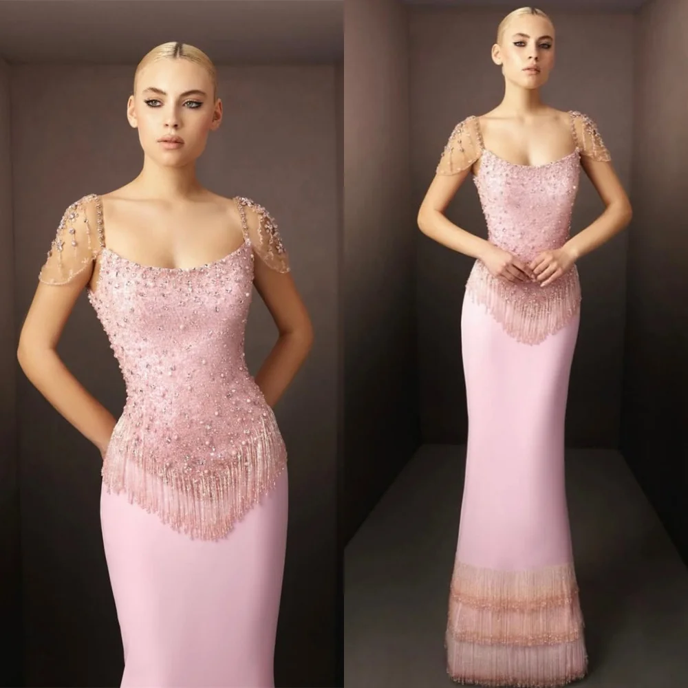 

Customized Luxury Tassel Dresses 2025 Woman Exquisite Pink Evening Dress Temperament Short Sleeves Special Occasion Gowns