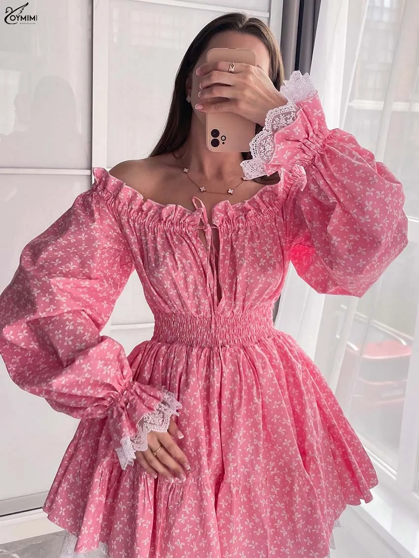 Oymimi Casual Pink Print Dresses 2025 Woman Fashion Strapless Long Sleeve Lace-Up Dresses Autumn Pleated Patchwork Mini Dress