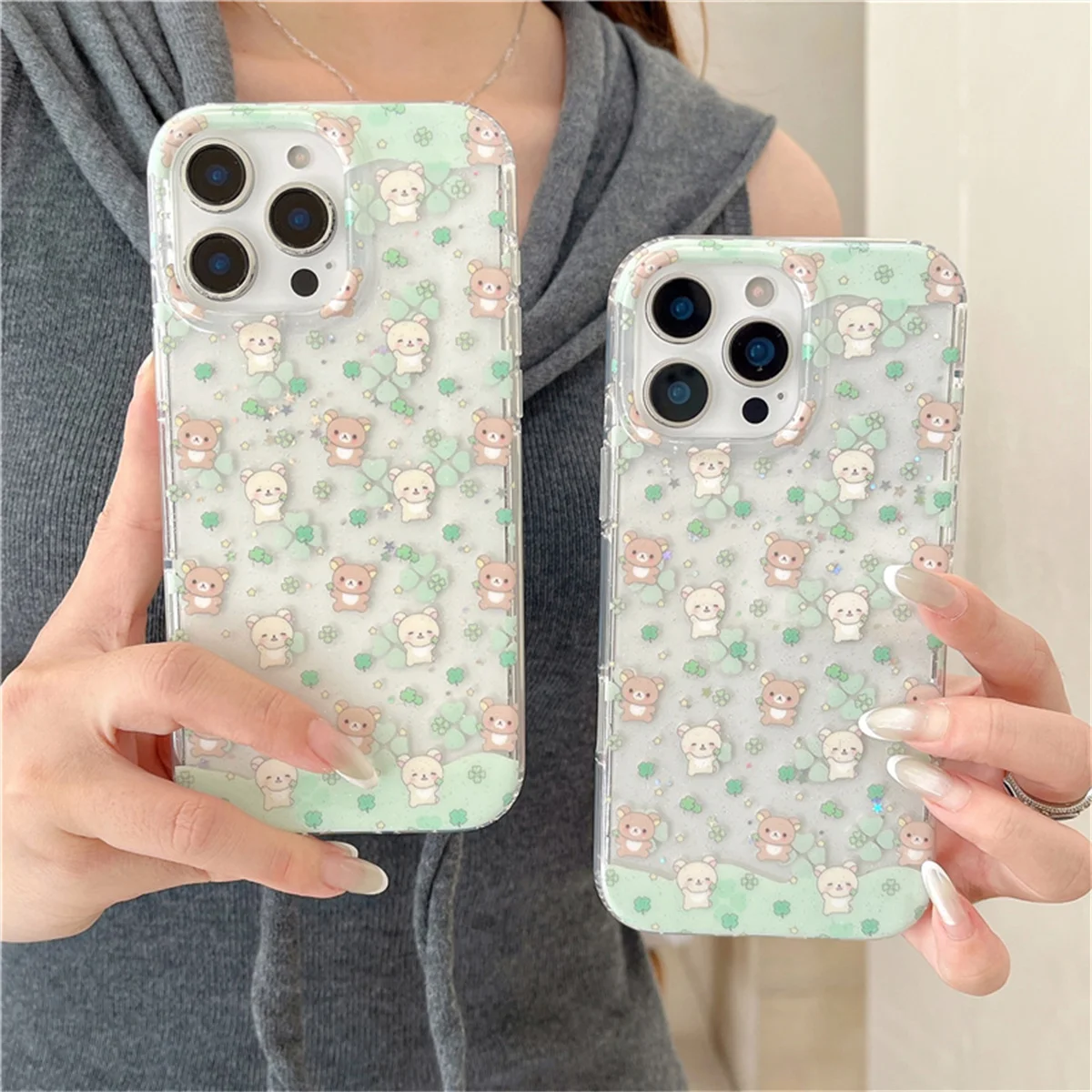 Funda de teléfono con oso de dibujos animados para iPhone 16 Pro 14 15 Pro Max, funda trasera con cadena de mano, Fundas protectoras a prueba de golpes