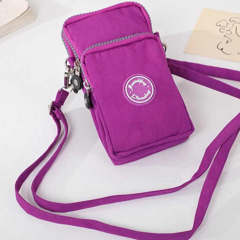 Fashion Portable Solid Color Daily Running Triple Zipper Nylon Women's Crossbody Shoulder Bag Durable High Quality Cell Phone Wa