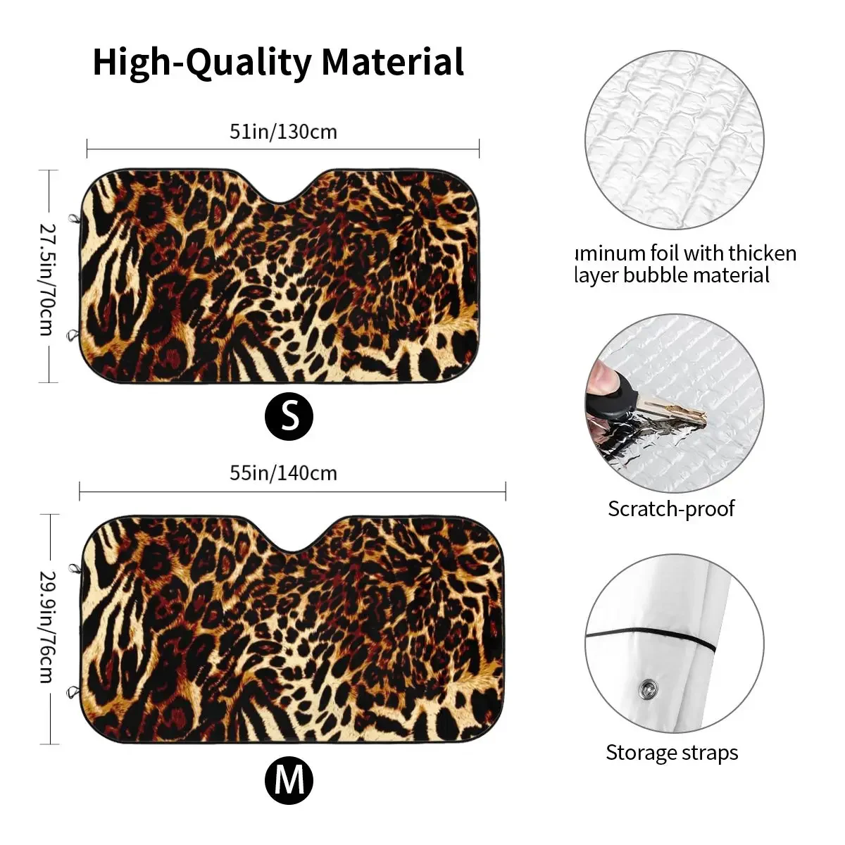 Leopard Fine Art Pattern Print Funny Windshield Sunshade 76x140cm Animal Skin Texture Aluminium Foil Car Sunshade Blinds