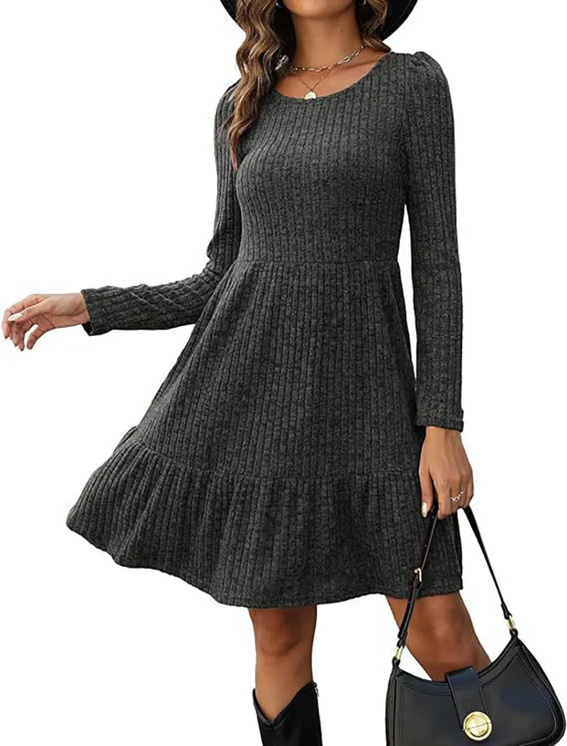 Winter Trend Round Neck Long Sleeved A-Line Dress Women's Minimalist Mini Dresses Casual Robe Vestidos