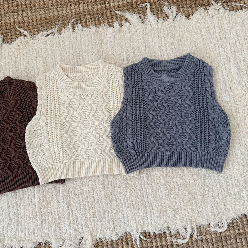 ربيع جديد 2026 ملابس أطفال من عمر 0 إلى 3 سنوات سترة حياكة للأطفال الأولاد والبنات سترة لحديثي الولادة بدون أكمام بلون واحد #4