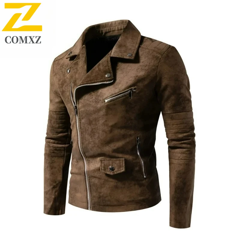 

COMXZ Men Motorcycle Suede Jacket 2025 New Autumn Vintage Brown Windproof Leather Jacket Fashion Slim Man Rider Leather Clothes
