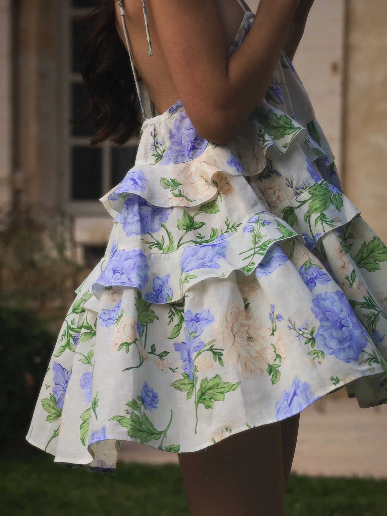 

Flower Print Women Sling Doll Dress Ruffles Layered Square Collar Sleeveless Sweet Female Linen Mini Robe