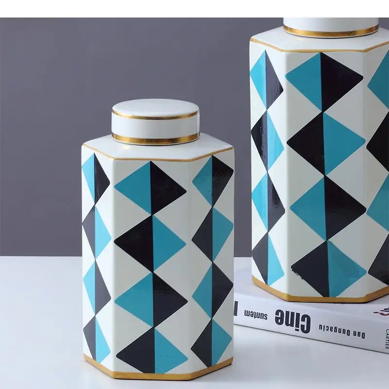 Painted Checkered Pattern Gilded Ceramic Jar Hexagonal Bottle Storage Jars with Lids Desk Decoration Tea Caddy Candy Pots