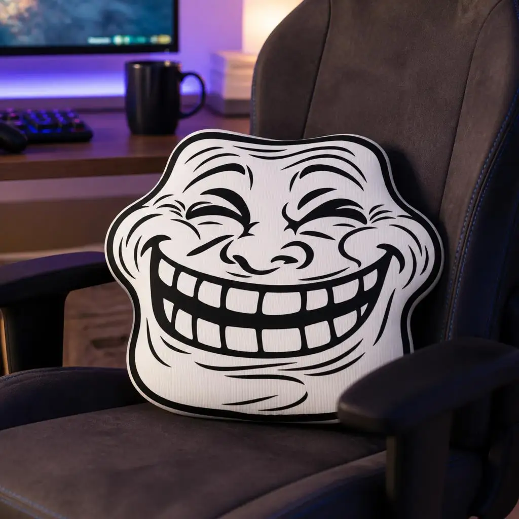 Funny Troll Face Internet Meme Shaped Pillow Winking Grin Cushion Stuffed Throw Pillow for Office Sofa Home Decor Accent Gift