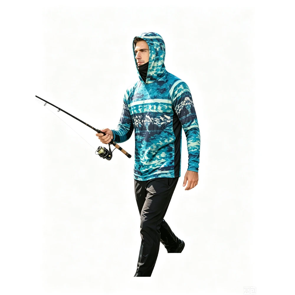 Men's  Fishing Hooded Shirt Built-in Face Cover, Quick Dry Breathable Long Sleeve Sun Protection Top