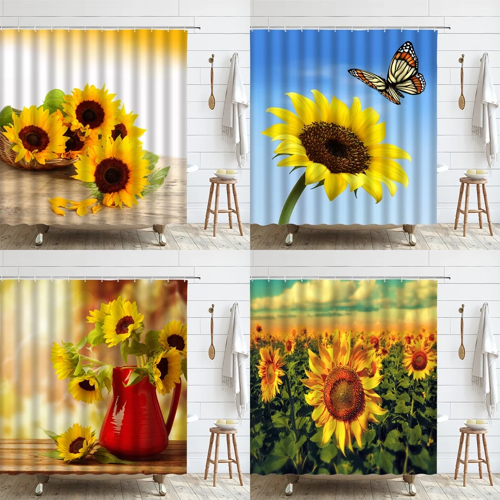 Sunflower Floral Shower Curtain Warm Sunlight Blue Sky White Clouds Field Flower Polyester Cloth Bathroom Curtains Include Hooks