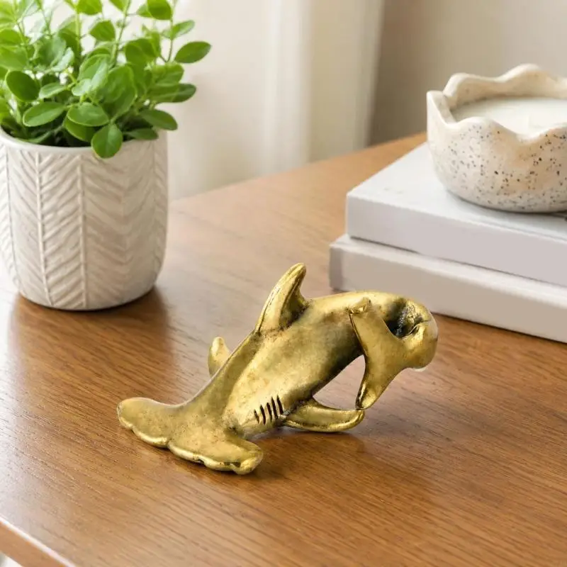 Brasses Hammer Head Shark Figurine for Bookshelves Decors, Metal Ocean Sculpture Accent, Tea Table Decoration, Collectible 37JD