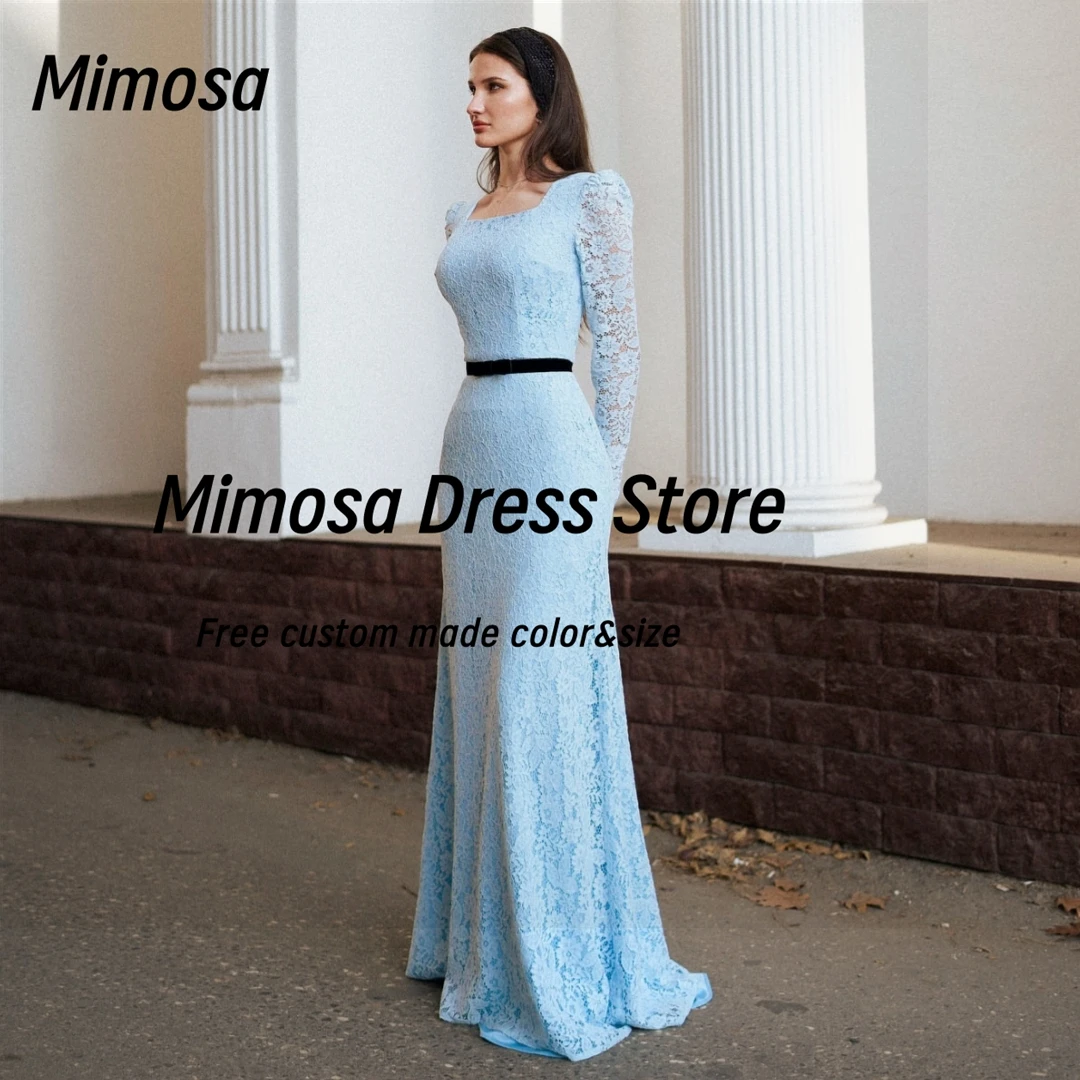 فساتين ميموسا الدانتيل الكامل للحفلات الراقصة والولائم ورقبة مربعة وأكمام طويلة فساتين سهرة بسحاب خلفي فستان زفاف العروس حسب الطلب