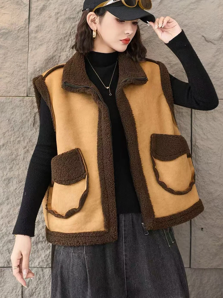 Amax LuluE 韓国製 冬用ベスト レディースファッション 暖かいファー スエード ノースリーブコート 2025 レディース クラシック ルーズ カジュアル ヴィンテージ ベスト