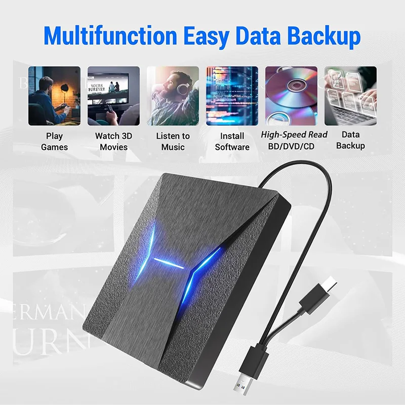 ​External Blu ray Drive USB3.0 Type-C 3D Bluray Player CD DVD Burner Recorder for Laptop PC Computer Windows 10 11 Mac