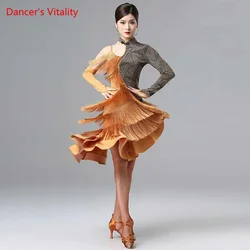 Latin Dance Performance Clothing Professional Competition Training Clothes female Adult Personality Long Sleeve Tassel Dress