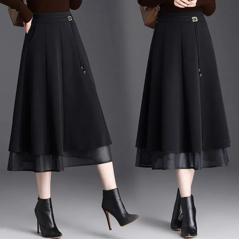 

Fashion Skirt Women's Long Spring Autumn 2025 New Slim High Waist Skirts Ladies Large Size Pleated Mesh Stitching Pleated Skirt