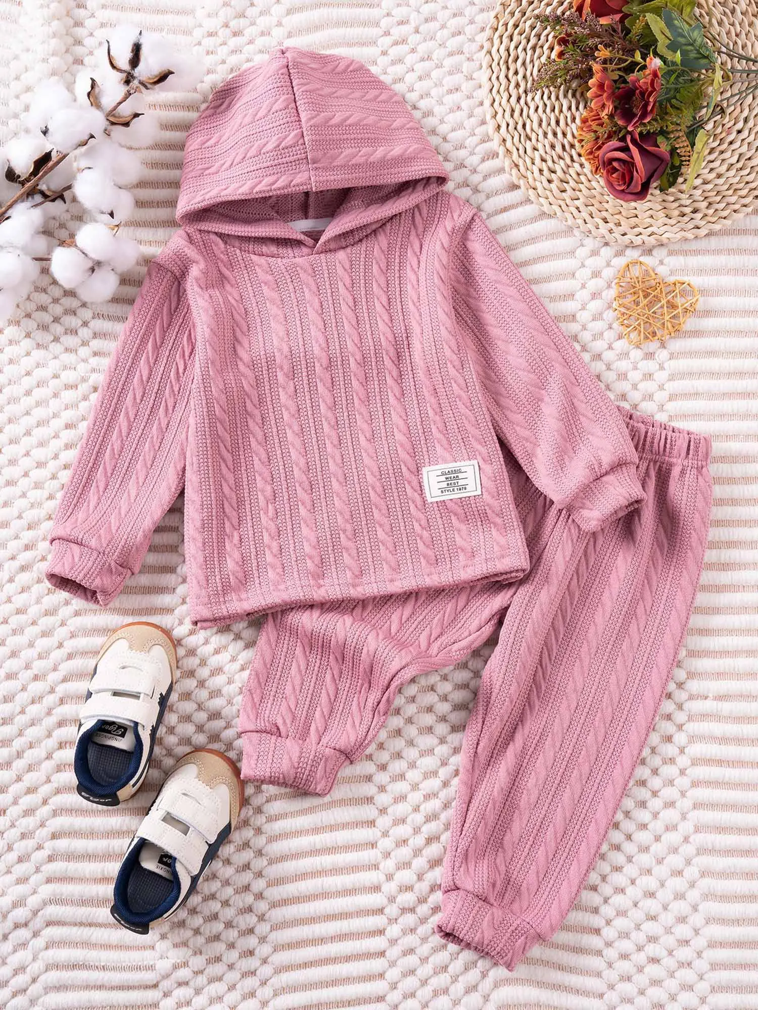 

Toddler Kids Baby Girls 2-Piece Cable Knit Outfit Long Sleeve Hoodie with Elastic Waistband Pants Spring Fall Clothes Daily Wear