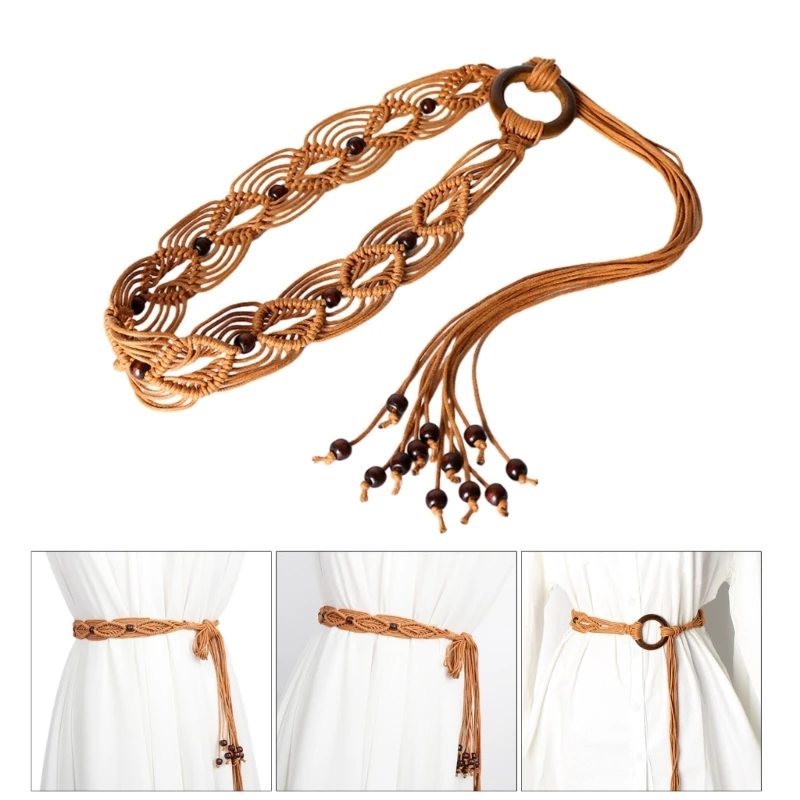 

Ladies Bohemian Waist Belt Delicate Beads Decors Braided Belt for Summer Dress Women Summer Seaside Waist Belt