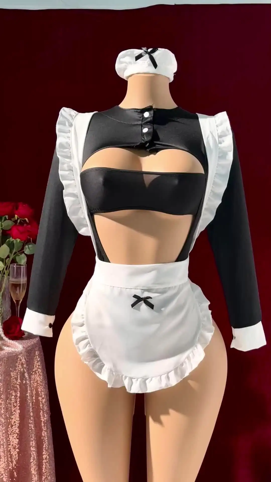 2024 Sexy Maid Costume Half Cover Bra Long Sleeve Curve Uniform Set Erotic Cosplay Lingerie Mini Dress Tights Sexual Enticement
