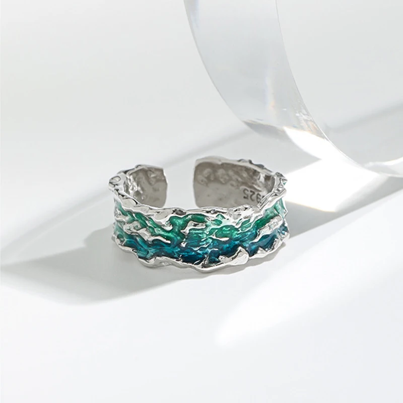 Small design sense irregular texture blue-green drop glaze S925 sterling silver ring