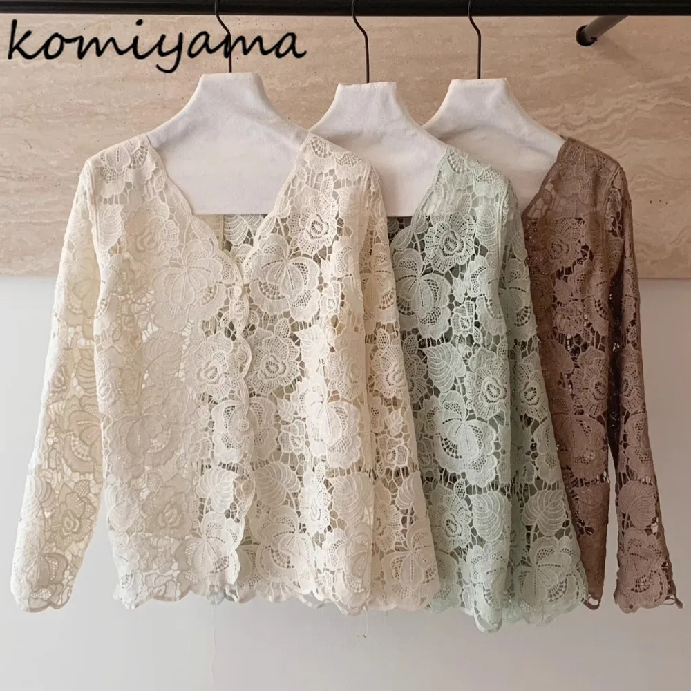 

Hollow Out Embroidery Lace 2025 Shirts & Blouses V-neck Blusas Mujer Long Sleeve Woman Clothing Korean Ropa Autumn Camisas
