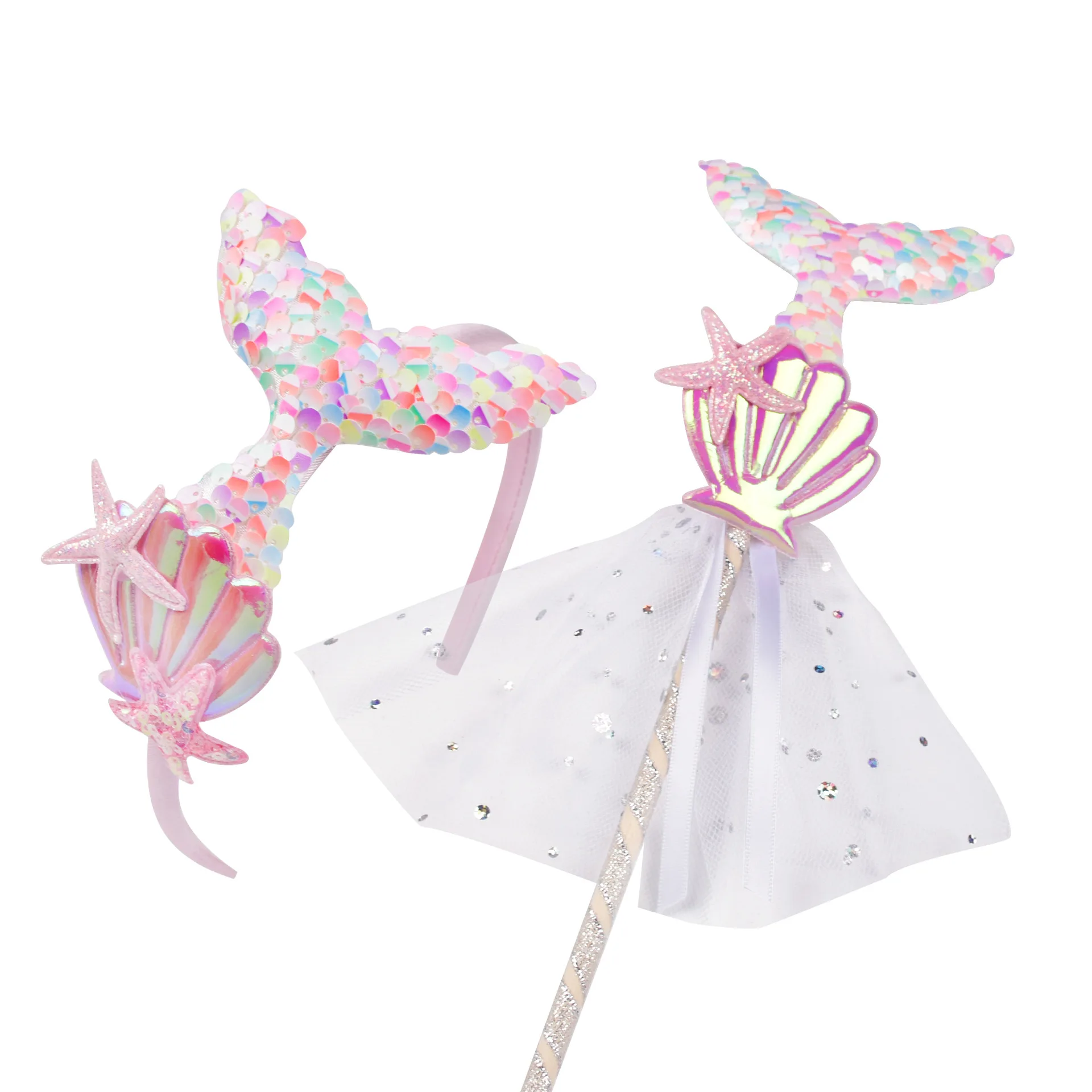 Mermaid Shell Starfish Kid Headband Wand 2Pcs Set Iridescent Sequin Exquisite Fairy Princess Hair Accessory For Stage Photo Prop