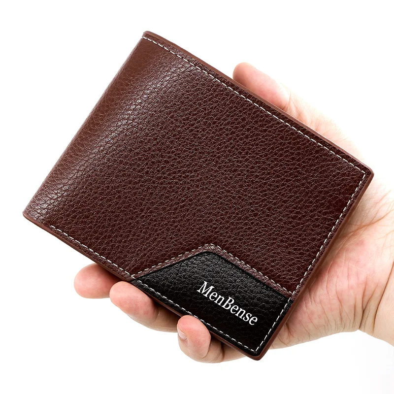 Korean Style Men's Short Wallet PU leather 2 fold Litchi Pattern Splice Zero Wallet Large Capacity Multi-card Handbag Coin Bag