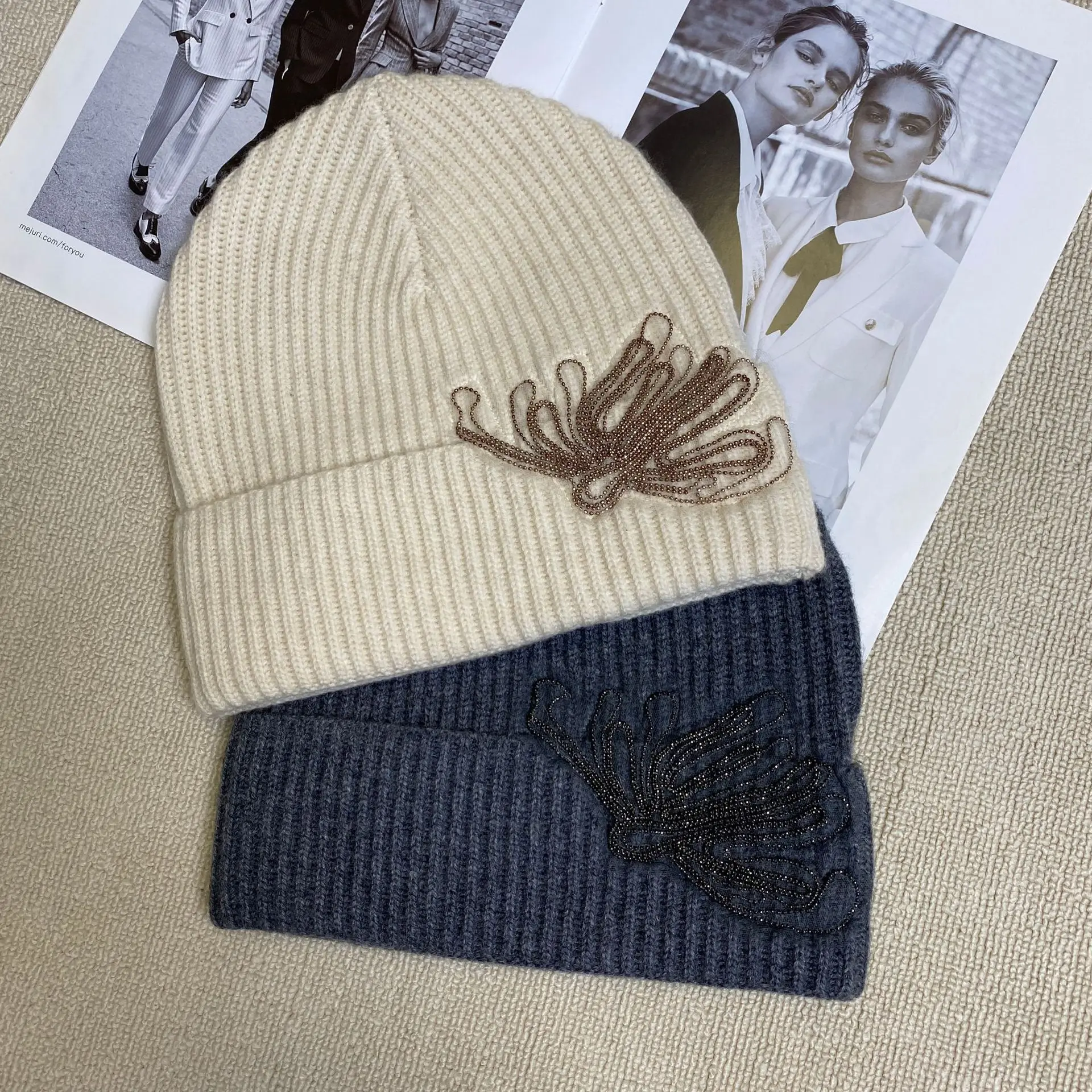 2026 Autumn Winter New Cashmere Wool Nail Bead Knitted Hat