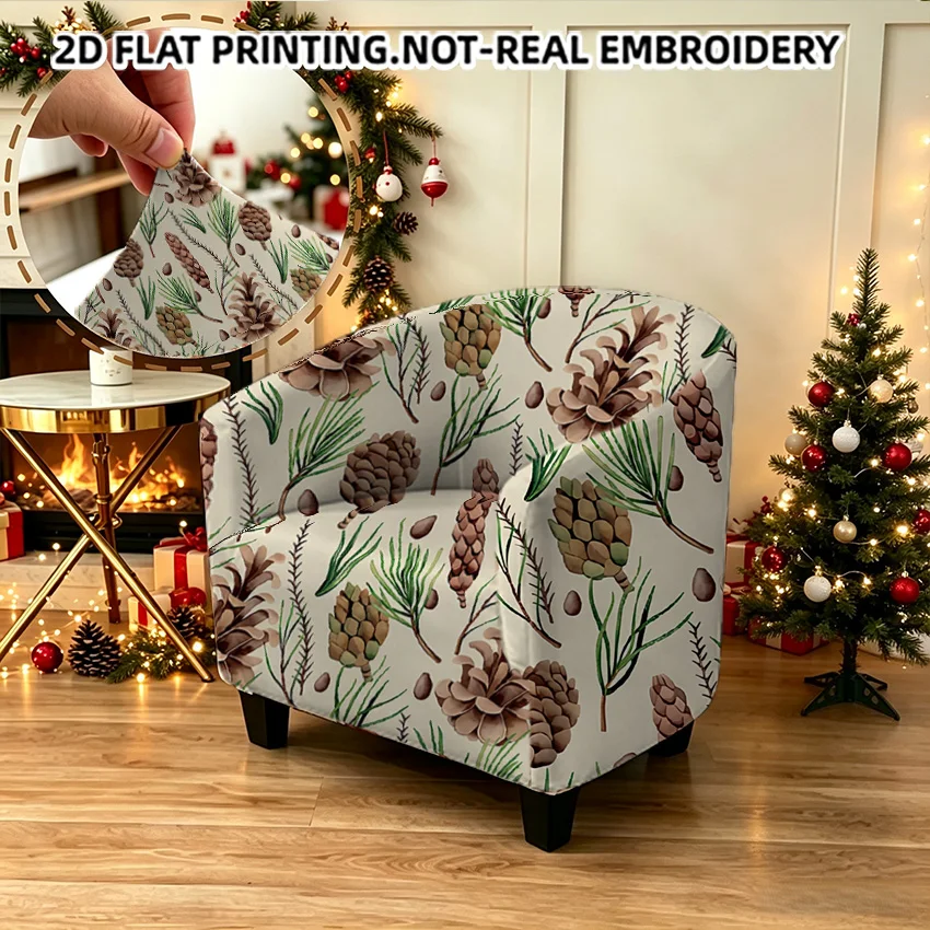 Cartoon Christmas seamless pine cones pine branches printed armrest sofa cover, 2D printed elastic single club sofa cover