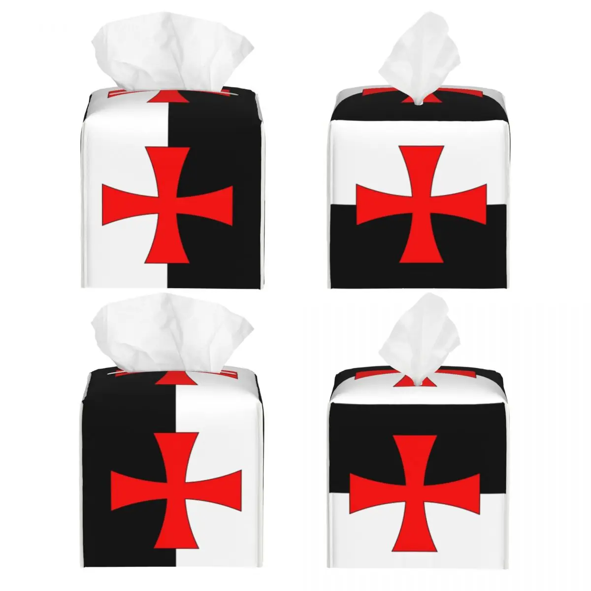 Custom Knights Templar Flag Tissue Box Cover PU Leather Square Medieval Warrior Cross Facial Tissues Holder for Bathroom