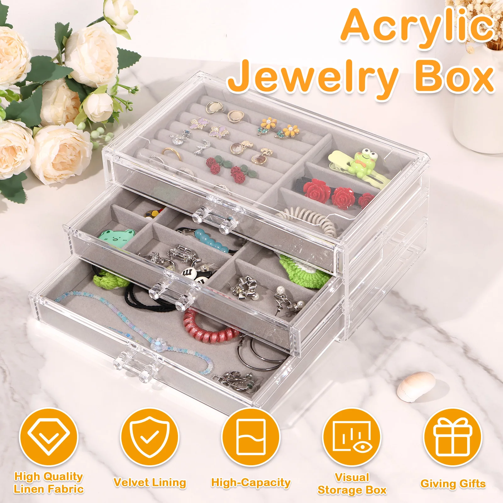 Acrylic Jewelry Box with 3 Drawers Clear Jewelry Drawer Organizer with Velvet Lining Adjustable Jewellery Storage Organizer Box