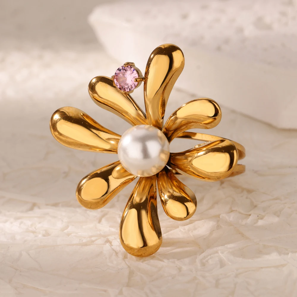 

Zircon Imitation Pearl Flower Rings For Women Gold Color Stainless Steel Open Female Ring Fashion Wedding Party Finger Jewelry