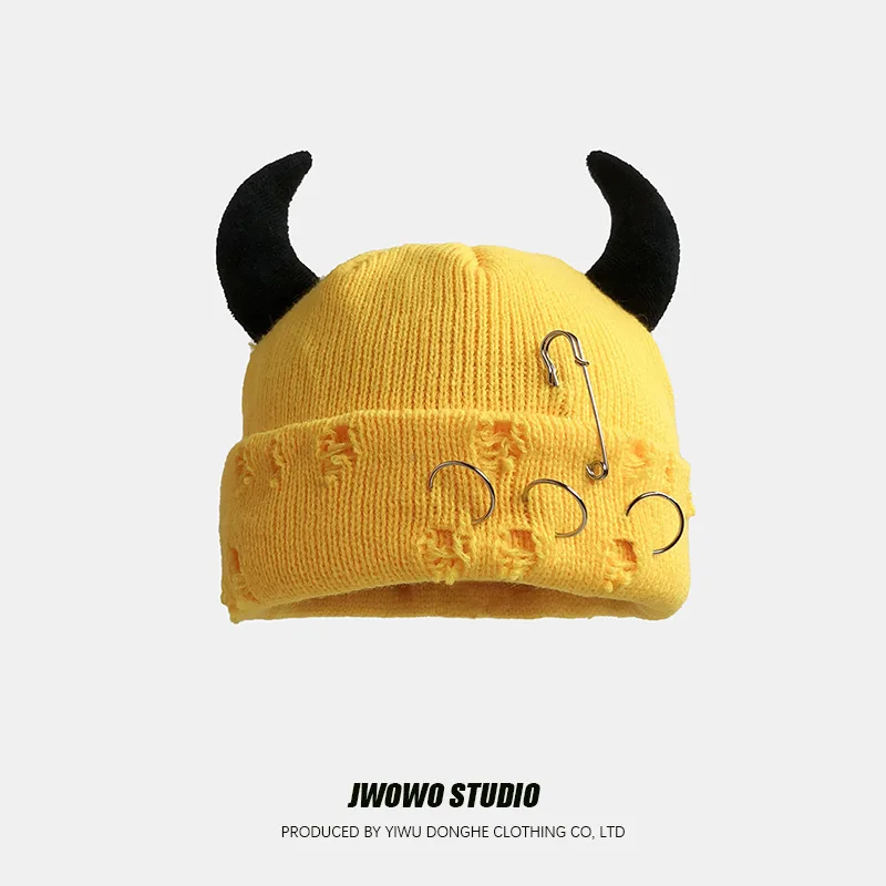 Little Devil Horn Knitted Hip-hop Woolen Hat Women Autumn Winter Halloween Personalized Pin Hole Pullover Warm Cold-proof Caps