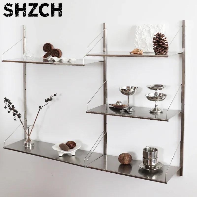 Minimalist Bookshelf Stainless Steel Shelves Wall Mounted Storage Rack System Open Bookcase with Track Brackets for Living Room