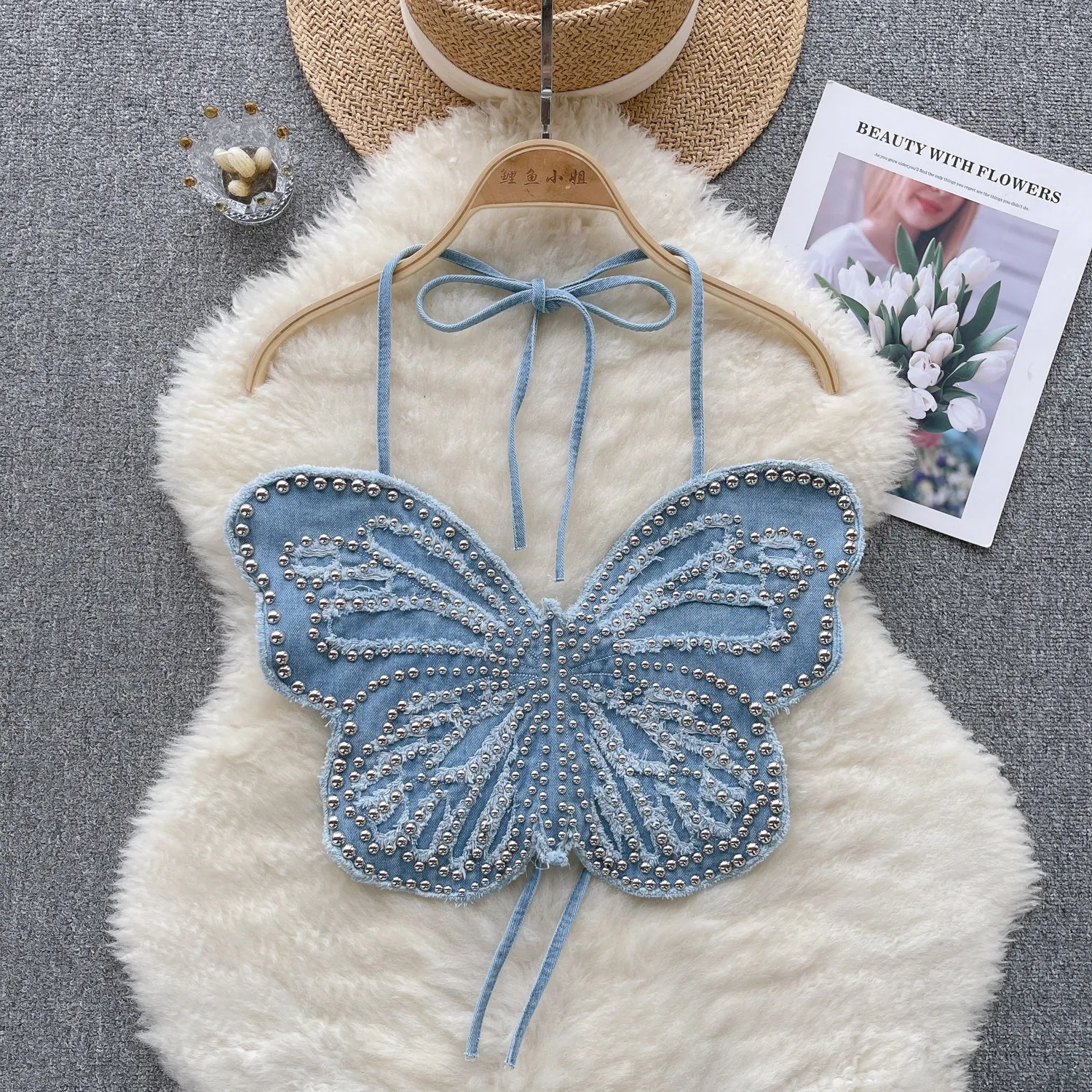 Chic halter Denim Rivet  Corset Bustier Sexy Camis  Fashion Tank Top Slim  Summer Women Party Cropped Streetwear