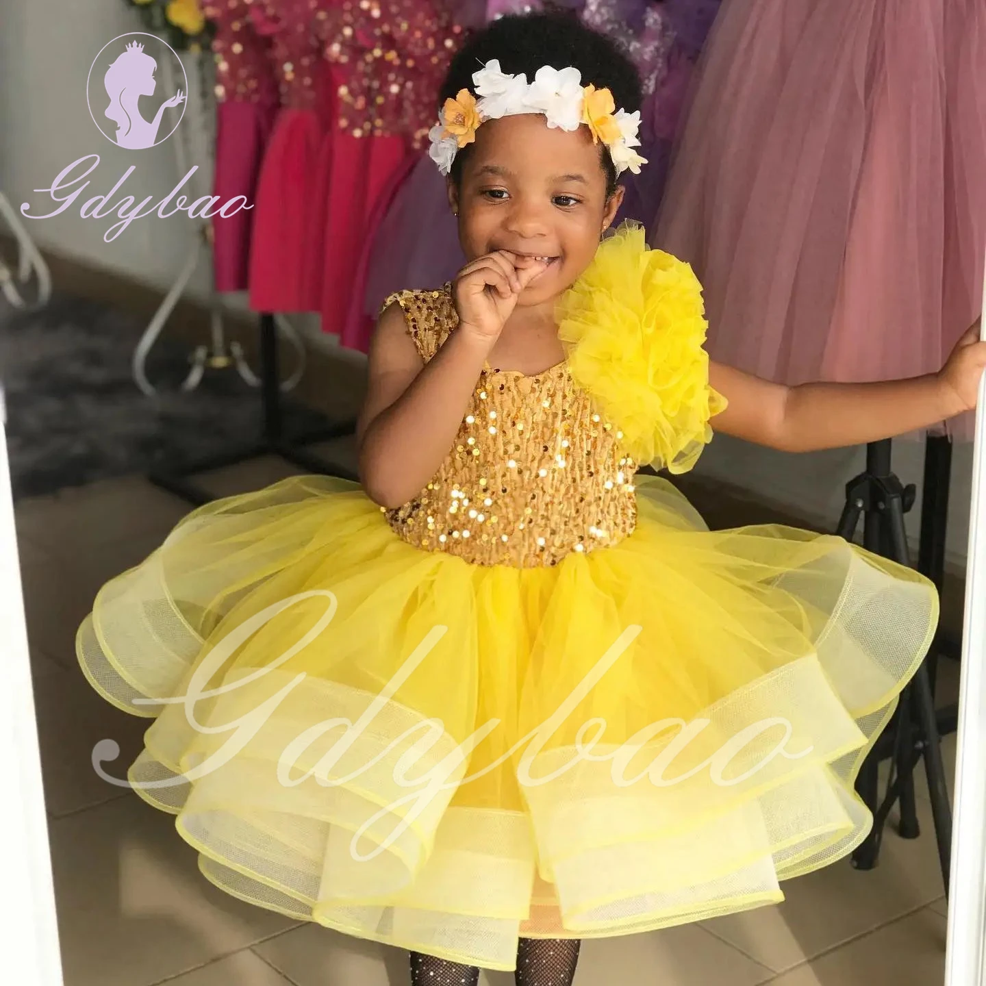 Yellow Flower Girl Dresses For Wedding Baby Kids Birthday Ball Gowns Sequins Floral Knee Length Princess First Communion Gowns